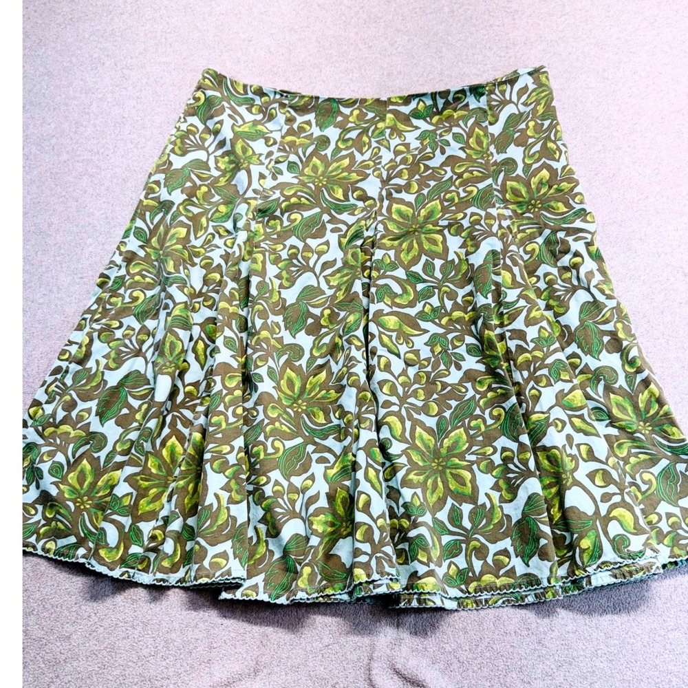 Merona Womens Size 16 Floral Pleated Skirt Green Brown Cotton A-Line Boho